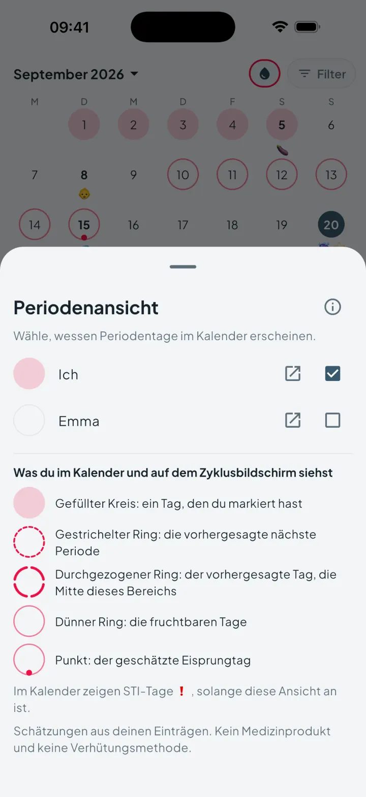 Intimassy Periodenansicht: Auswahl, wessen Periodentage im Kalender erscheinen