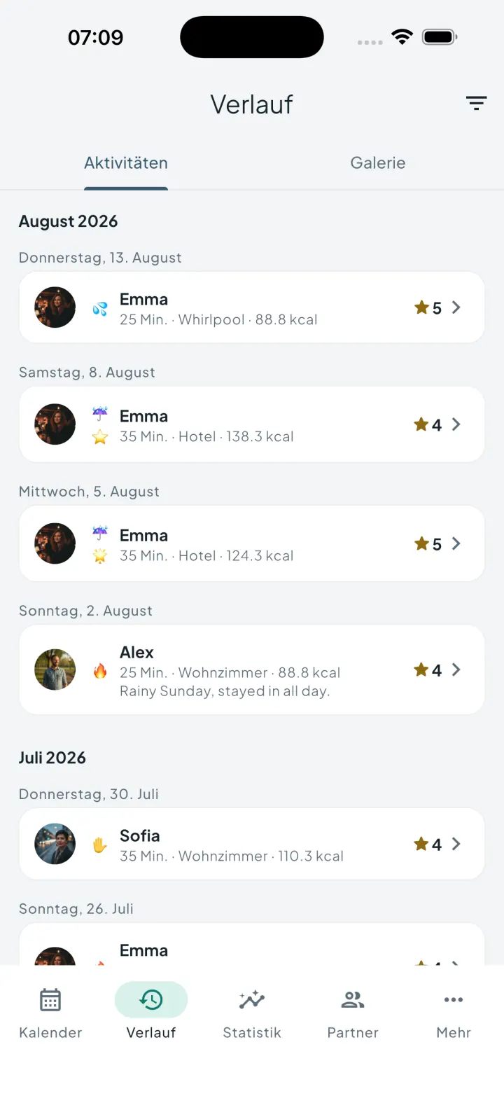 Intimassy-Verlauf mit eigenen Emoji-Markierungen neben den Einträgen