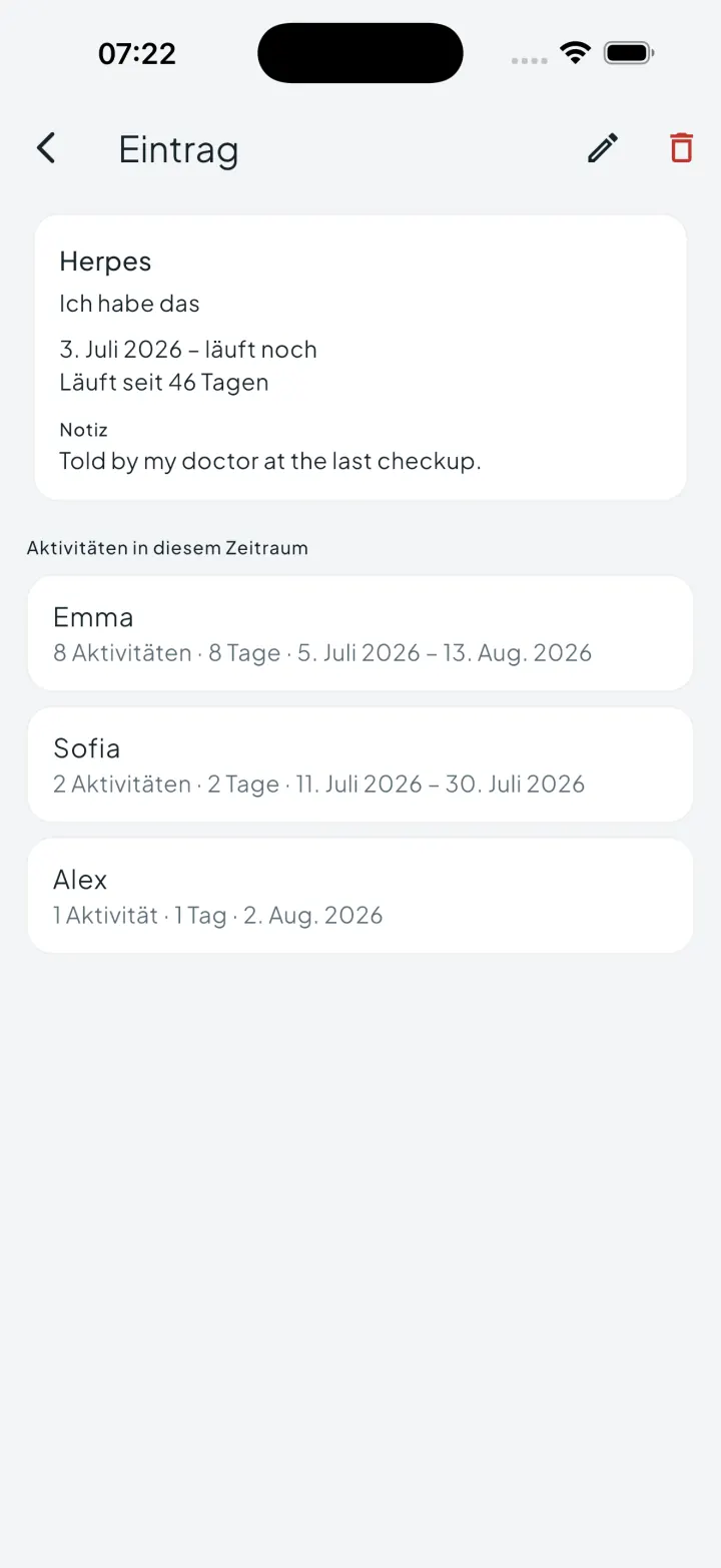 Intimassy-Detailansicht eines STI-Eintrags mit Zeitraum, Notiz und den Aktivitäten darin