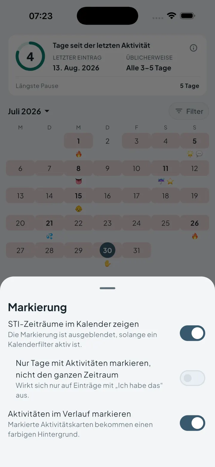 Intimassy-Markierungseinstellungen mit Schaltern für STI-Zeiträume im Kalender