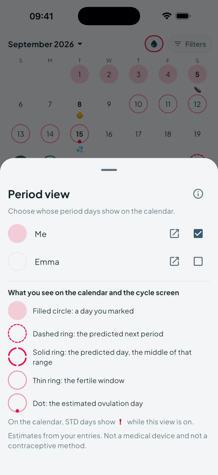 Intimassy period view sheet choosing whose period days show on the calendar