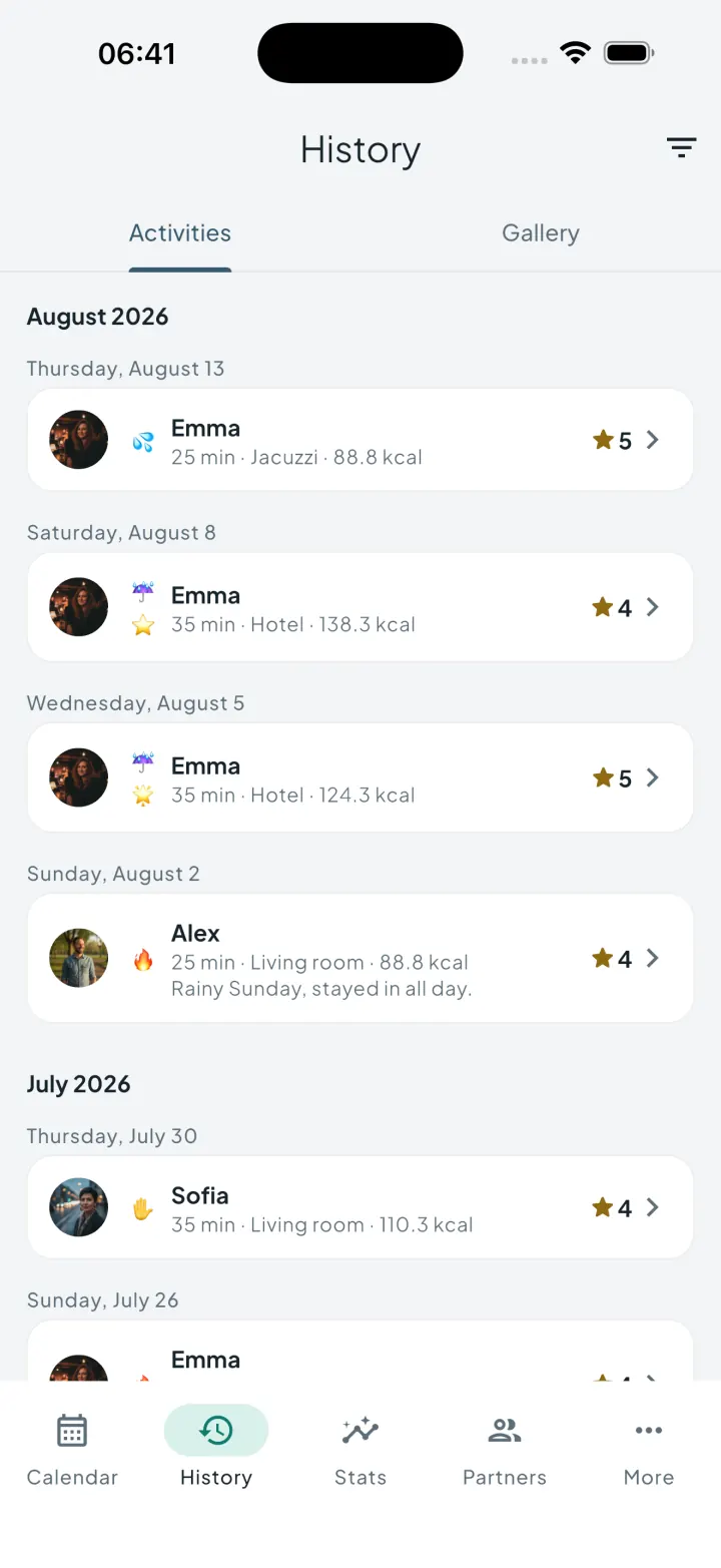 Intimassy history list with custom emoji day markers next to entries