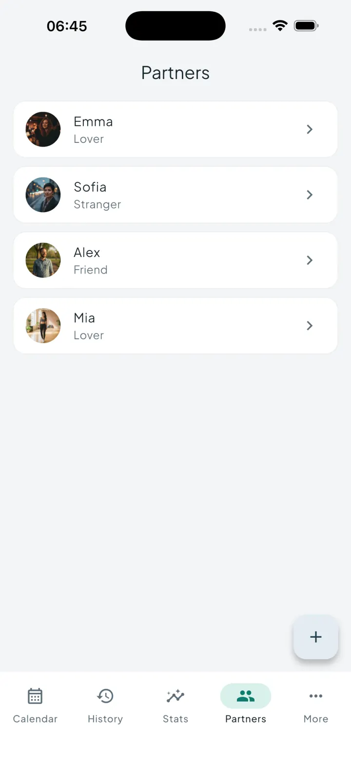 Intimassy partner profiles screen with photos and history