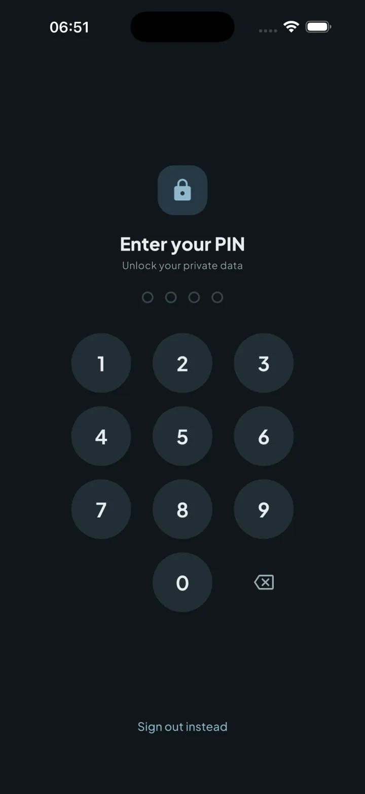 Intimassy PIN lock screen protecting the app