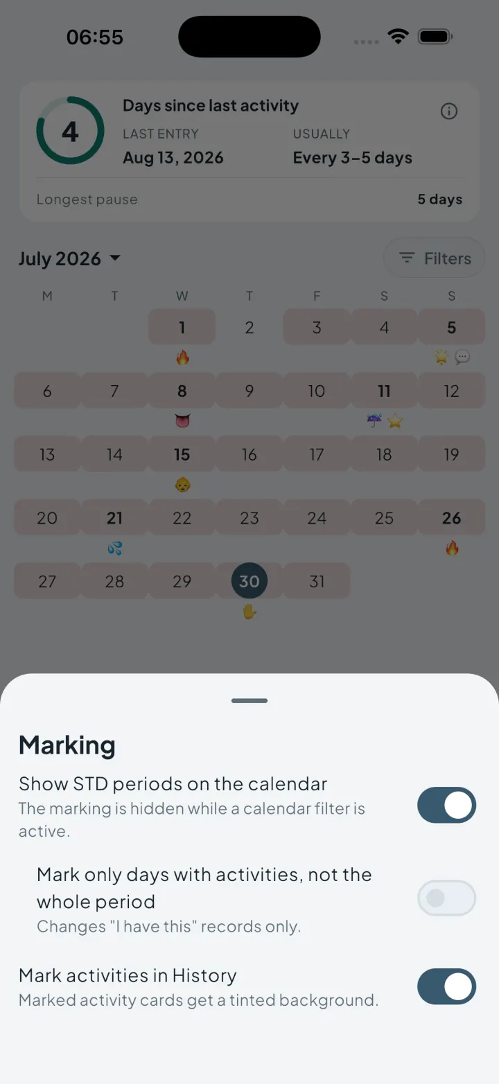 Intimassy marking settings with toggles for showing STD periods on the calendar