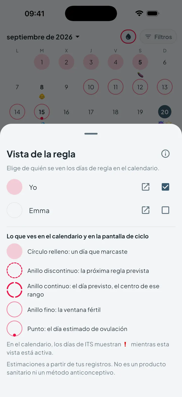 Vista de la regla de Intimassy: elegir de quién se ven los días de regla en el calendario