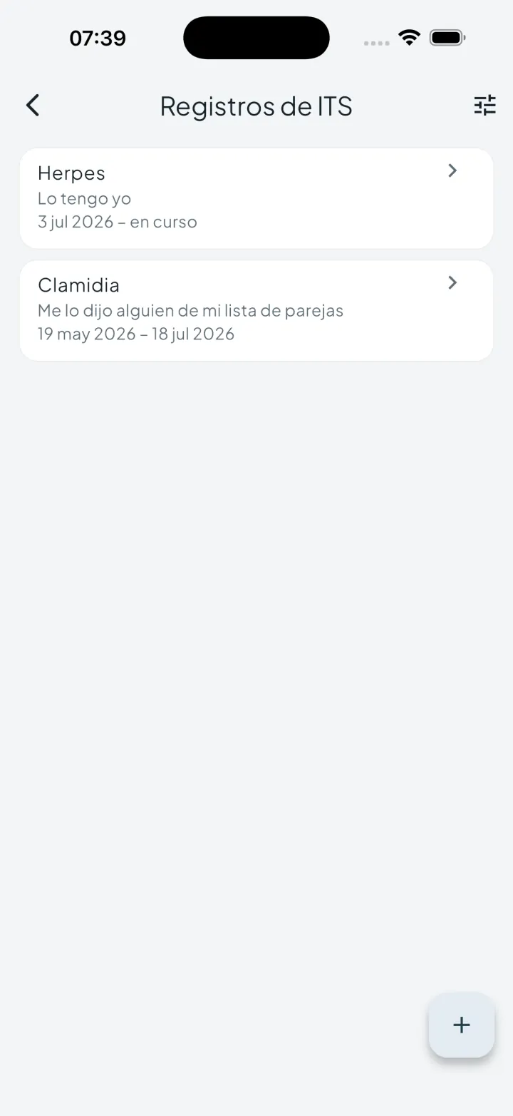 Pantalla de registros de ITS de Intimassy con entradas privadas de salud sexual