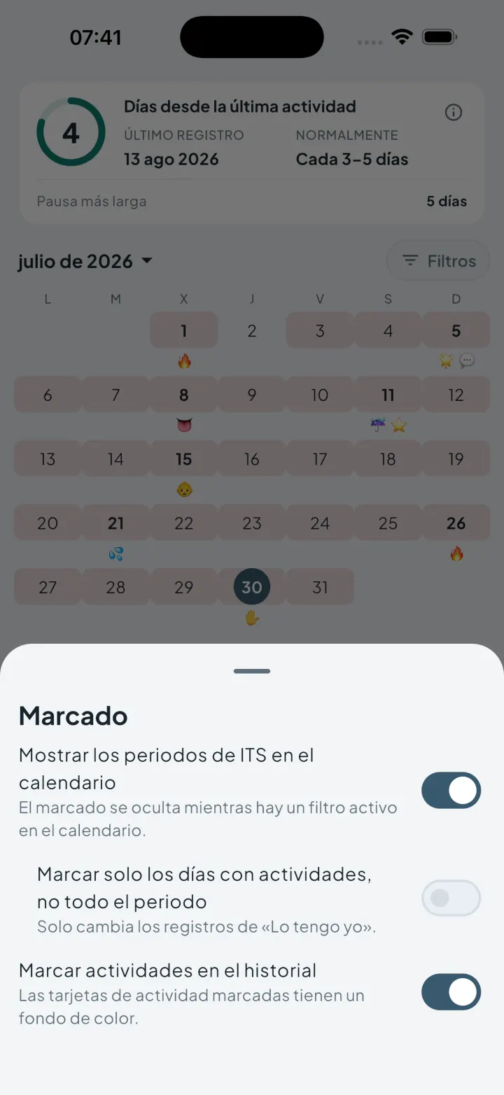 Ajustes de marcado de Intimassy con interruptores para mostrar los periodos de ITS en el calendario