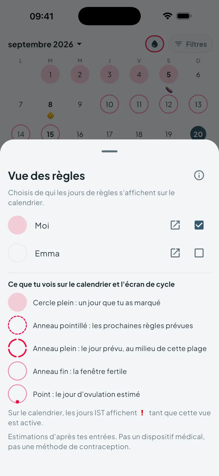 Vue des règles d’Intimassy : choisir de qui les jours de règles s’affichent sur le calendrier