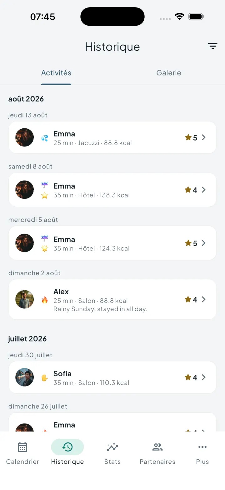 Historique Intimassy avec des marqueurs emoji personnalisés à côté des entrées