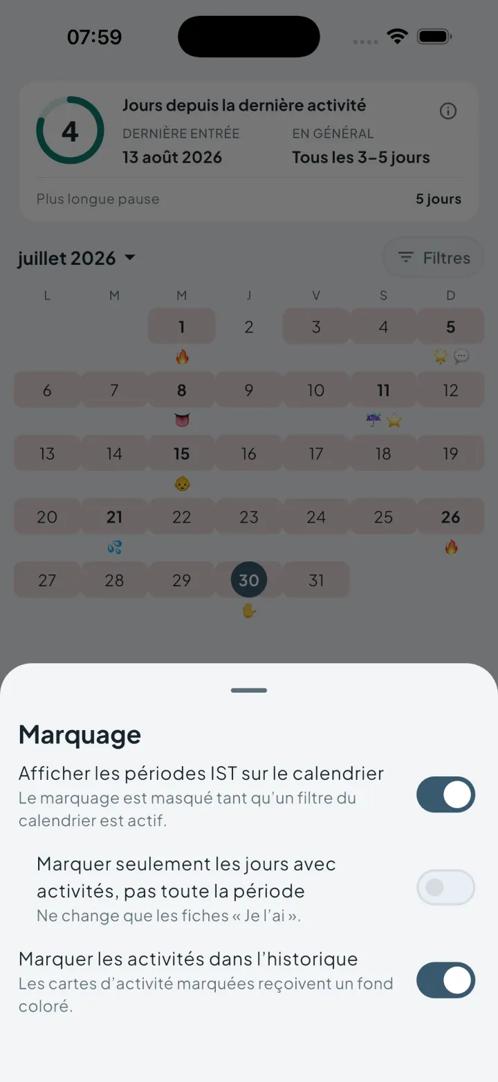 Réglages de marquage d'Intimassy avec les interrupteurs d'affichage des périodes IST dans le calendrier