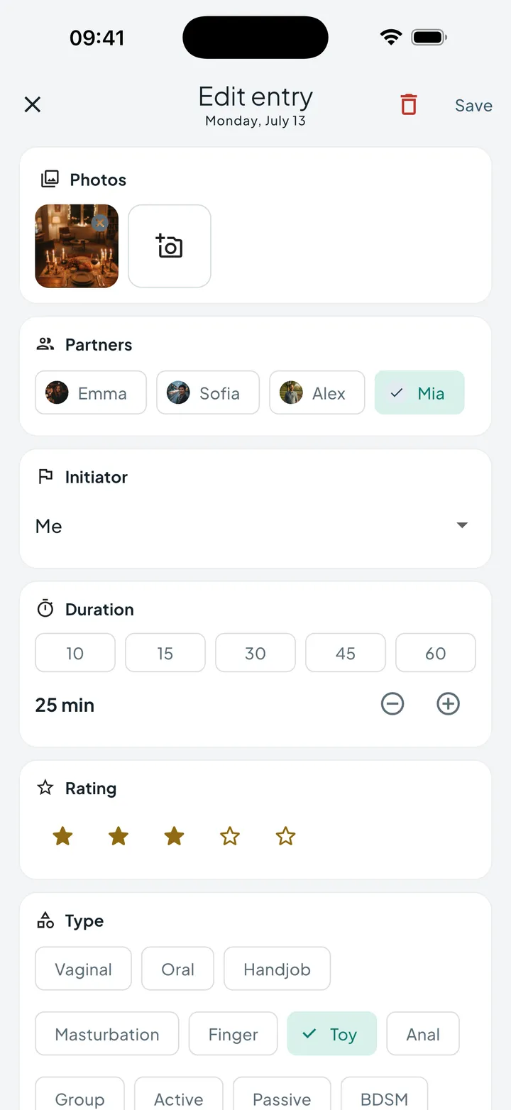Intimassy entry form showing detailed activity logging fields