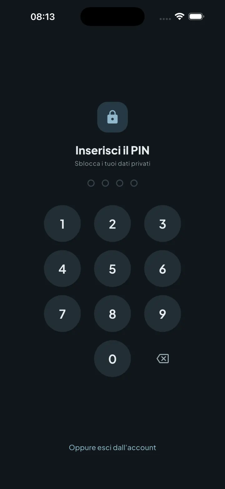Schermata di blocco PIN di Intimassy