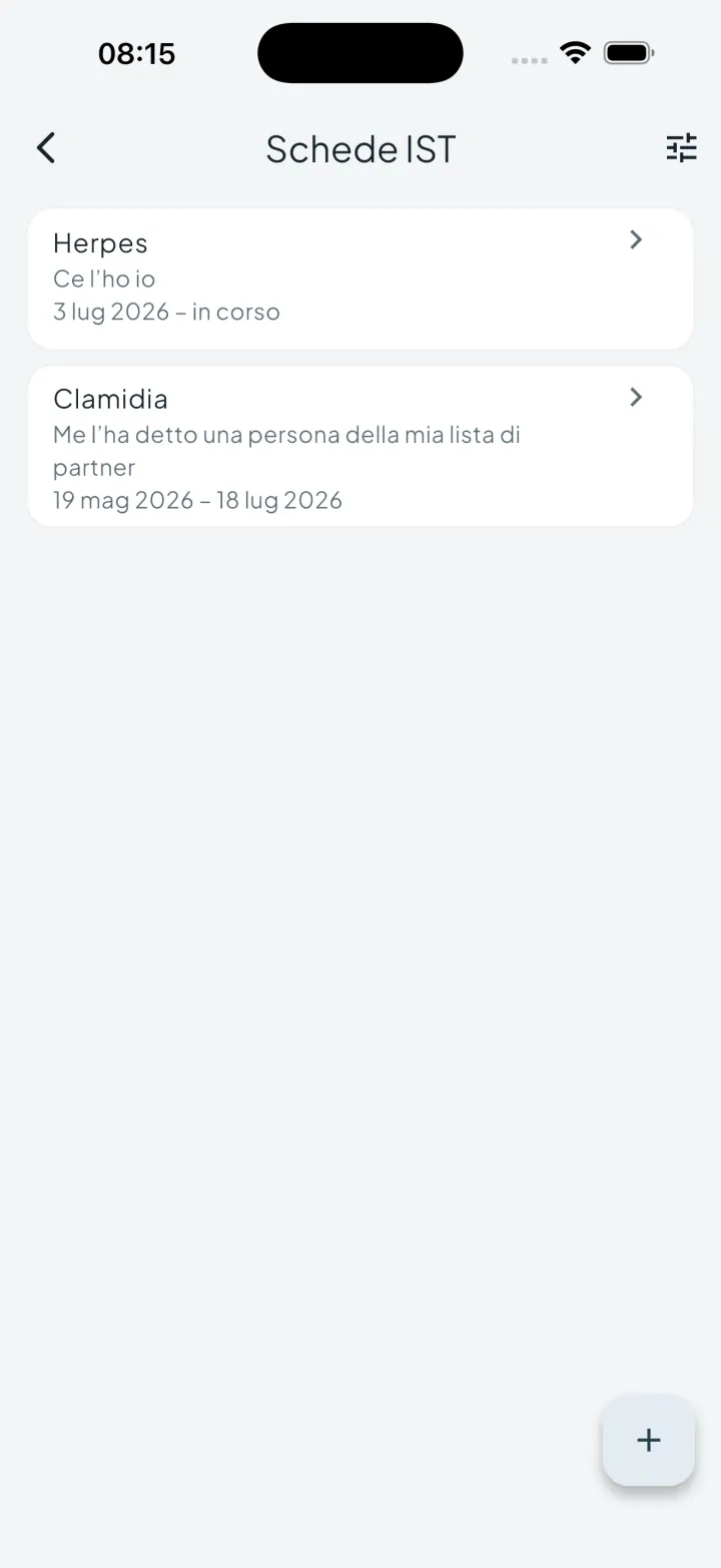 Schermata dei registri IST di Intimassy con voci private sulla salute sessuale