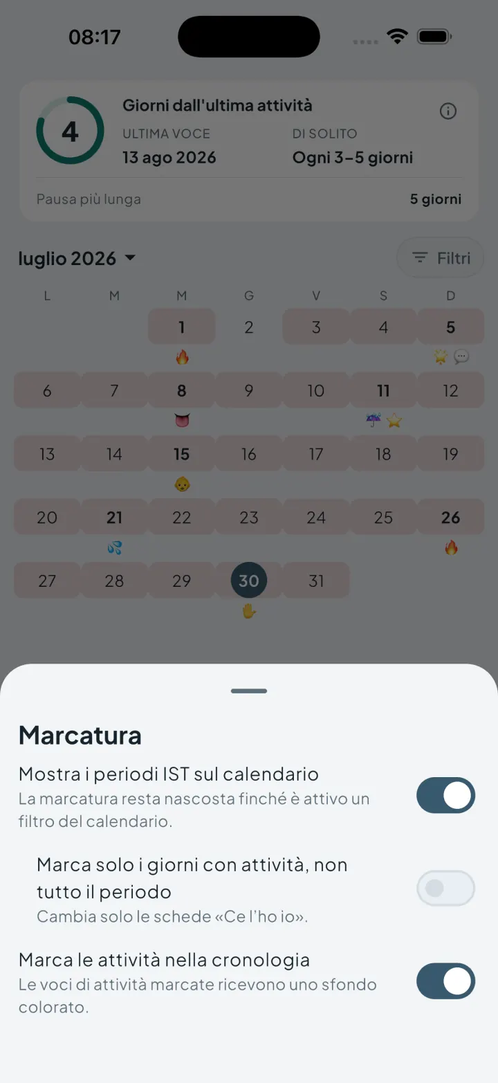 Impostazioni di marcatura di Intimassy con gli interruttori per mostrare i periodi IST nel calendario
