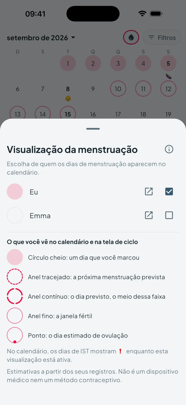 Visualização da menstruação do Intimassy: escolher de quem os dias de menstruação aparecem no calendário