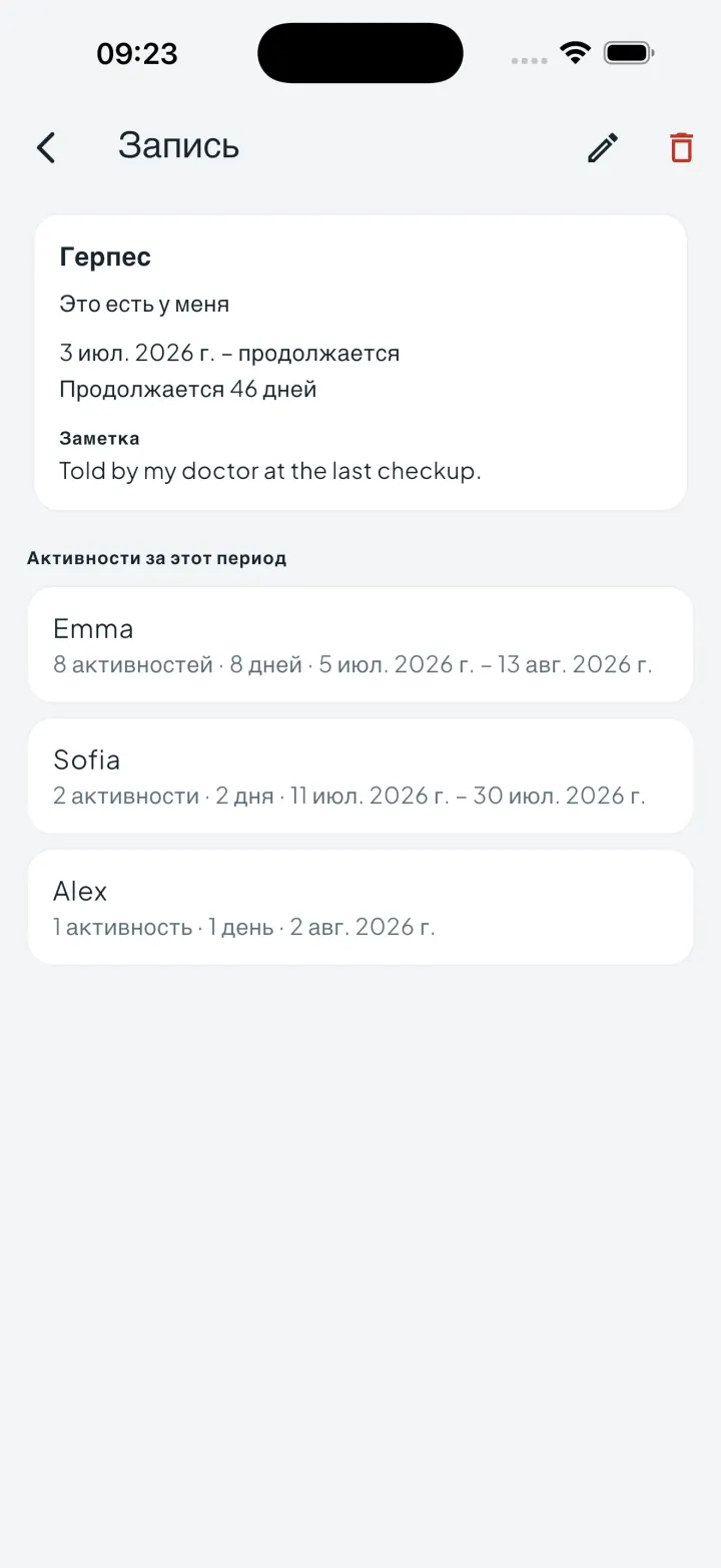 Экран записи об ИППП в Intimassy с периодом, заметкой и активностями внутри него