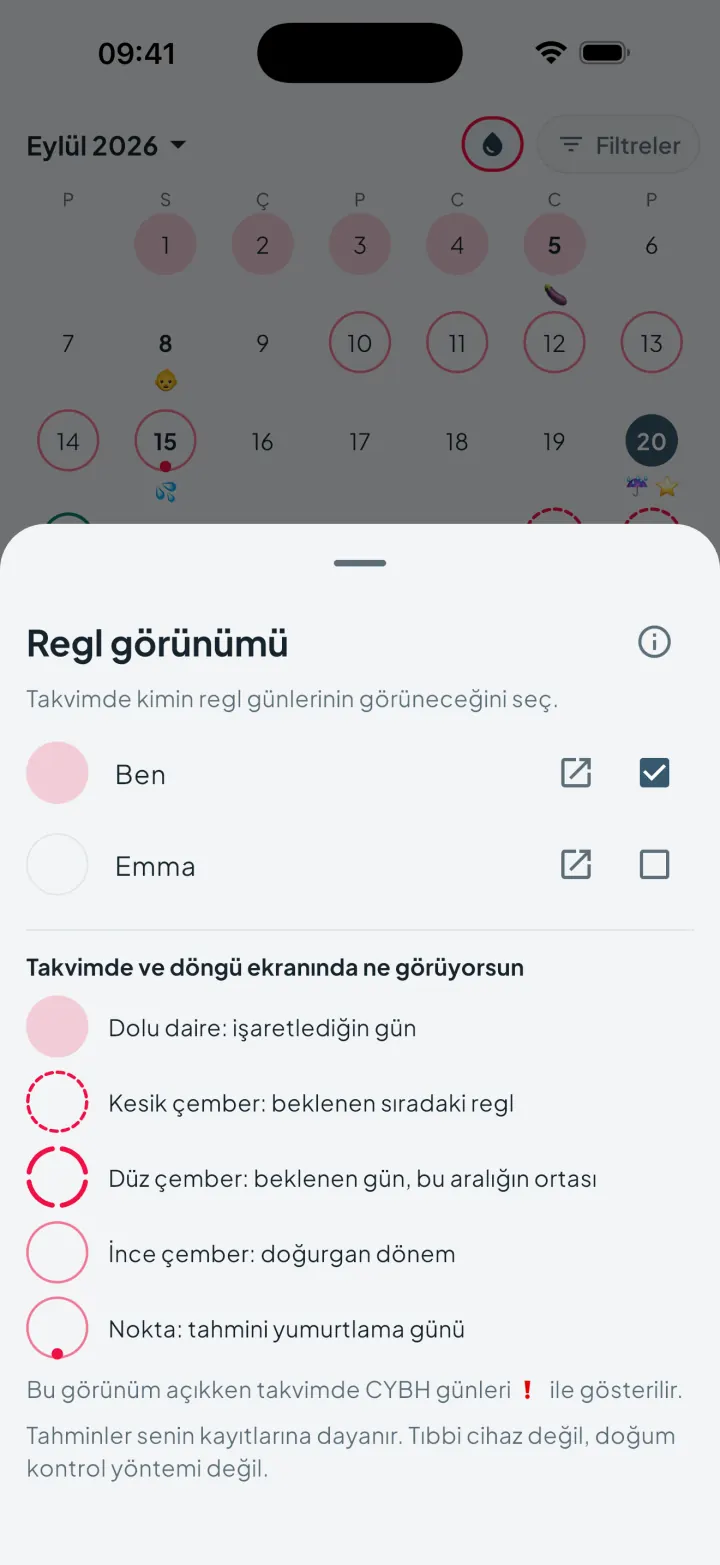 Intimassy regl görünümü: takvimde kimin regl günlerinin görüneceğini seçme