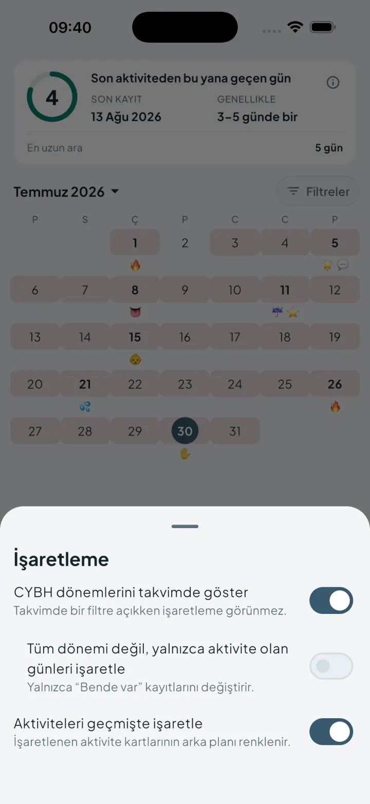 CYBH dönemlerini takvimde göstermek için anahtarların bulunduğu Intimassy işaretleme ayarları