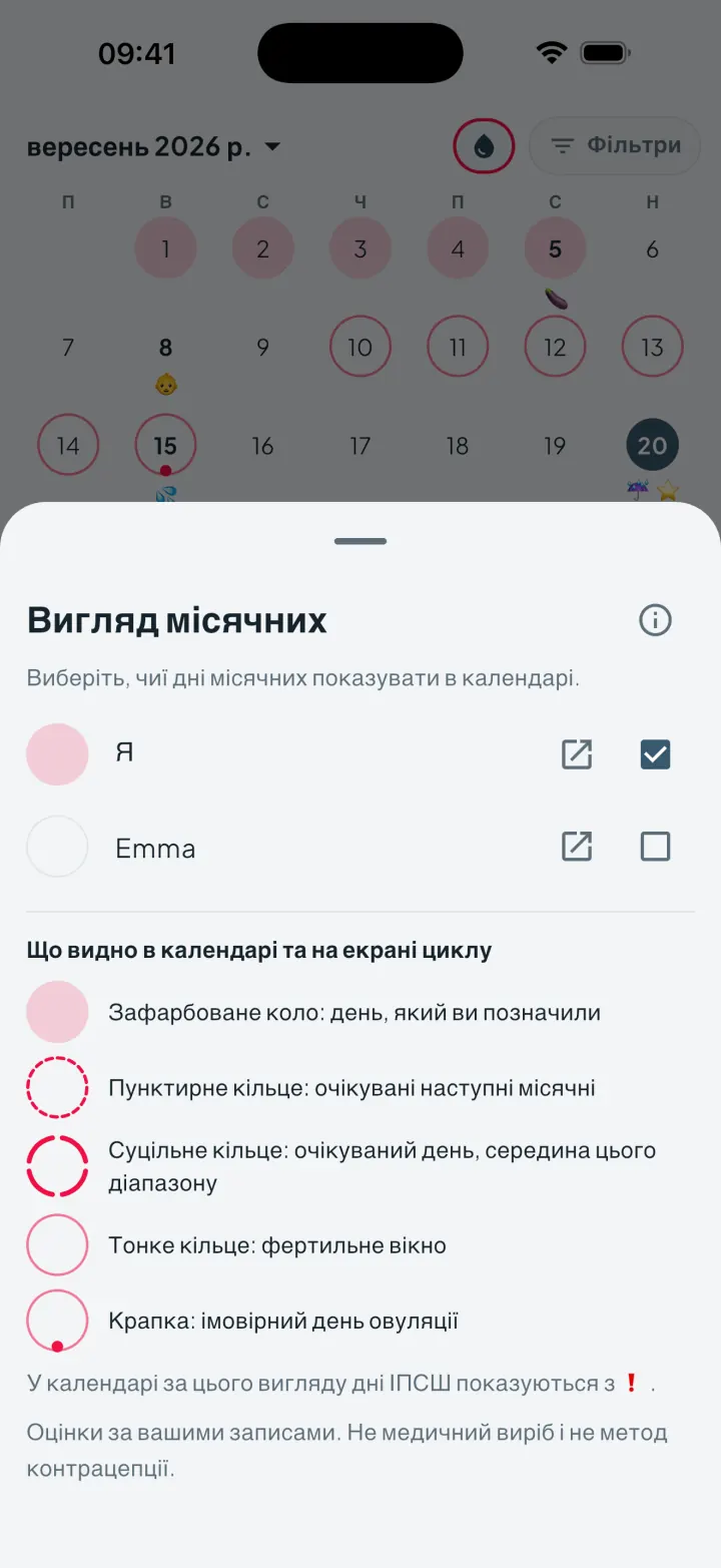 Вигляд місячних в Intimassy: вибір, чиї дні місячних показувати в календарі
