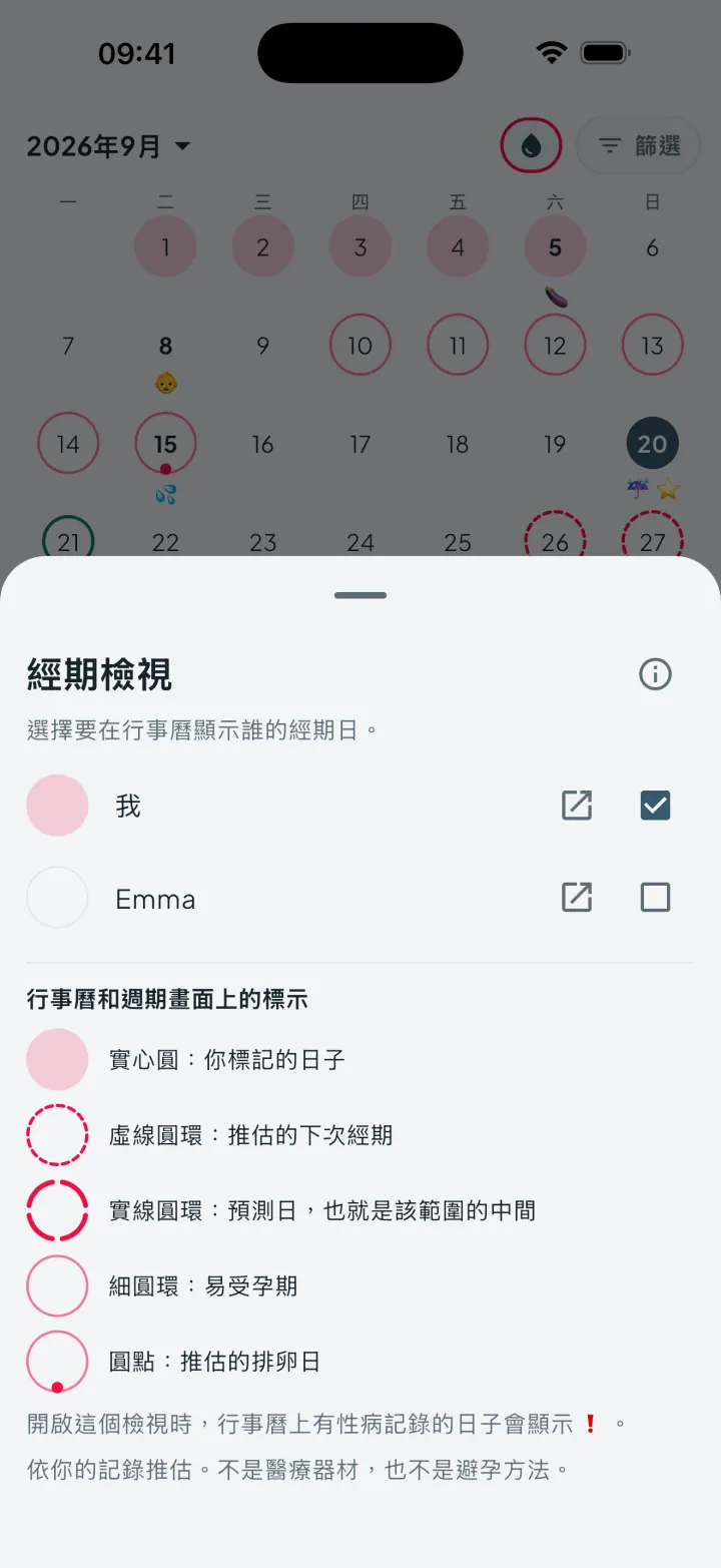 Intimassy 經期檢視：選擇要在行事曆顯示誰的經期日