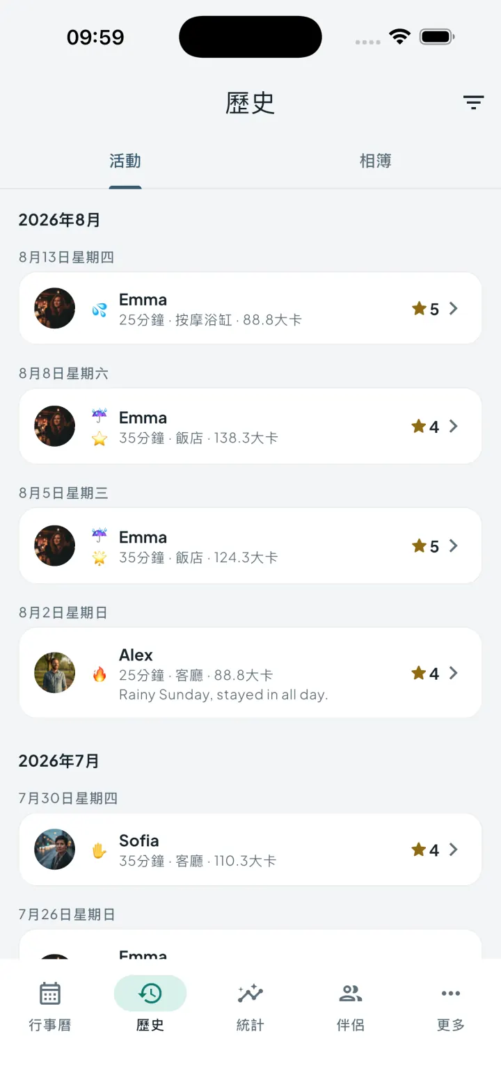 Intimassy 歷史畫面，紀錄旁有自訂表情符號標記